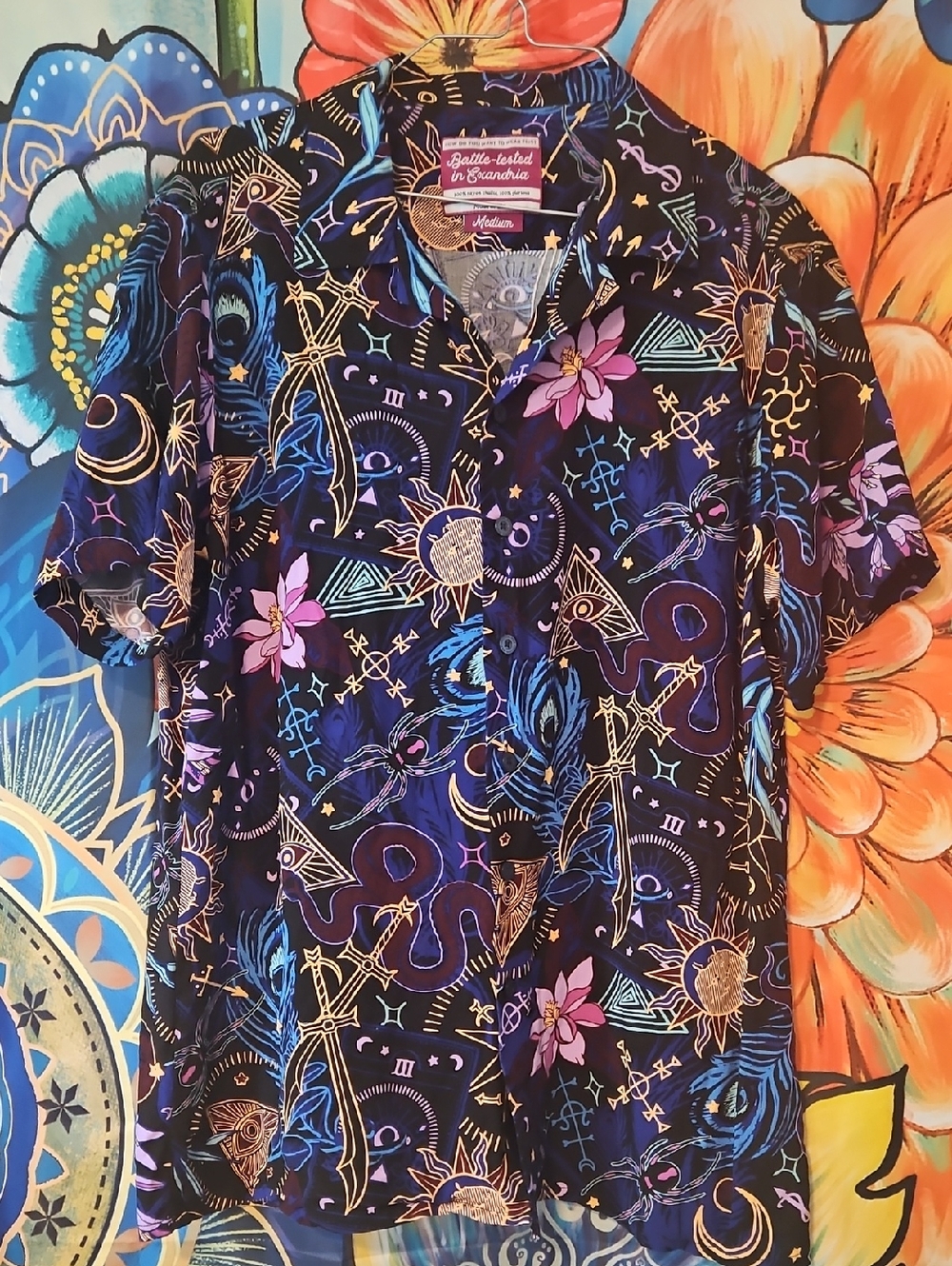 Battle-tested in Exandria Black Floral & Celestial Print Short-Sleeve Shirt